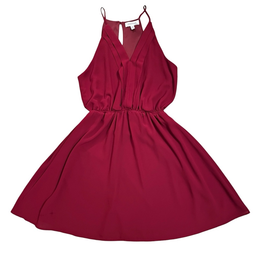 Monteau Los Angeles Luxurious Red Dress V-Neck Halter Fit and Flare Medium
